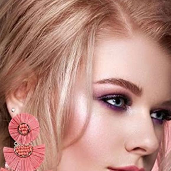 New Statement Earrings Beaded Raffia Palm Bohemian Drop Dangle - Picture 3 of 4